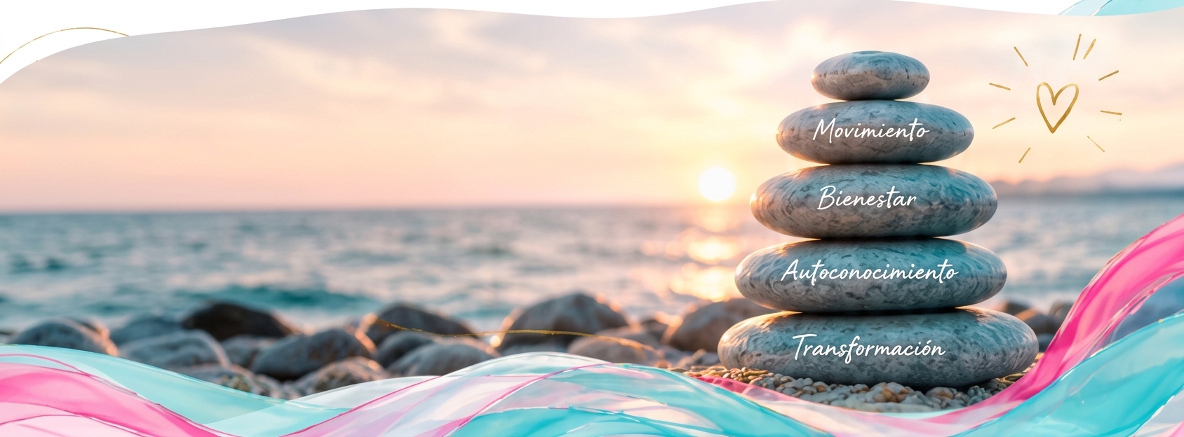 Piedras apiladas junto al mar con las palabras Movimiento, Bienestar, Autoconocimiento y Transformación