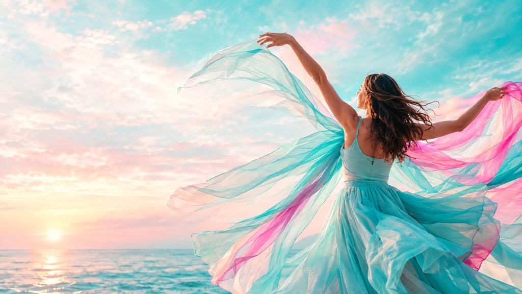 Mujer bailando con telas turquesa y rosa frente al mar al atardecer